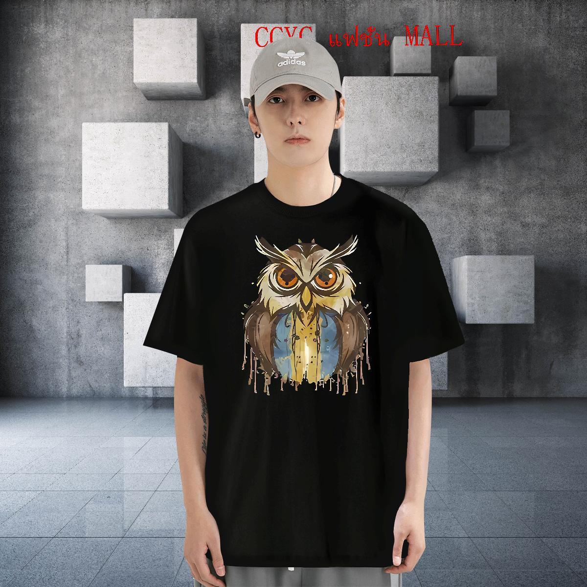 Loose Fit Men Clothes T-Shirt 230g 100% Cotton Hip Hop Street Owl Cartoon Print Round Neck Short Sleeve 2024 DIY T Shirts Men Tops Tees