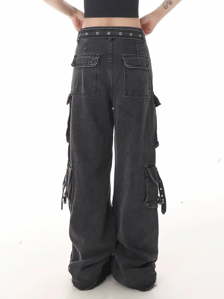 Pure Color Classic High Waist Street Female Wide Leg Pants American Fashion Multiple Pockets Simple Casual Loose Women Jeans 240806