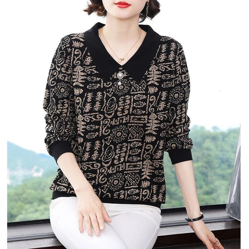 Womens Clothing Spring Autumn Fashion Print Elegant Cotton T-shirts Polo Collar Long Sleeve Loose Pullover Y2K Tops Female 240806