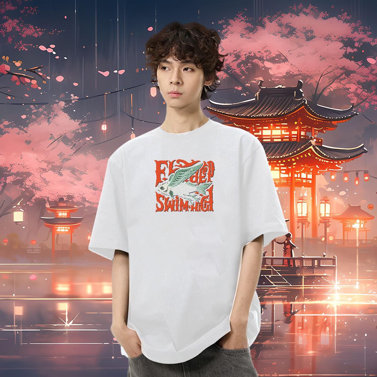 2024 DIY T-Shirts 230g Pure Cotton fish High Street Hip Hop Tees Short Sleeve Soft TOP Quality Men Tshirts Oversized 3XL 4XL