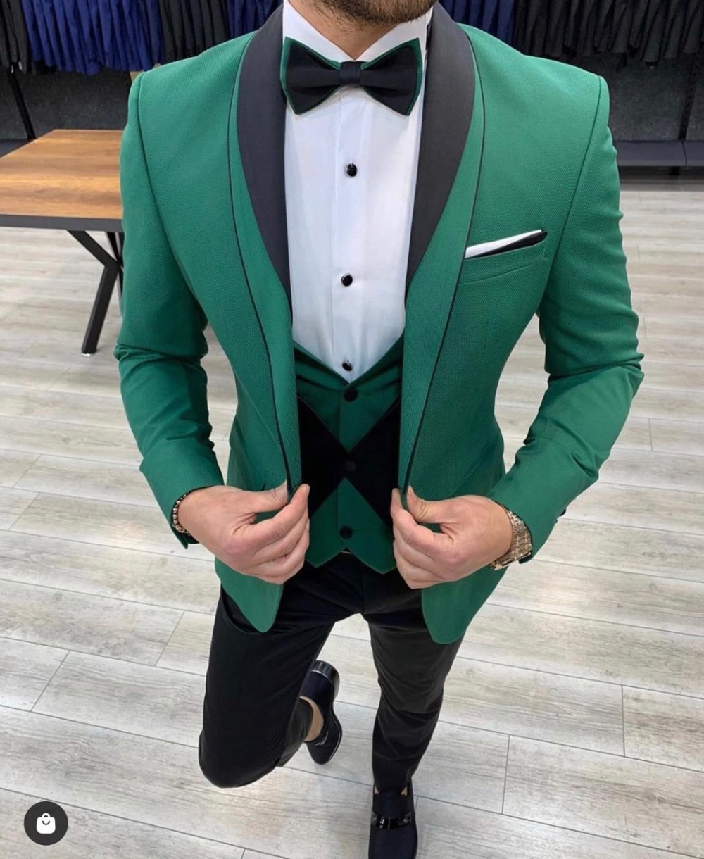 Slim Fits Green Groom Tuxedos Wedding Prom Dinner Groomsmen Suits Men Blazer Waistcoat Trousers Sets W1883