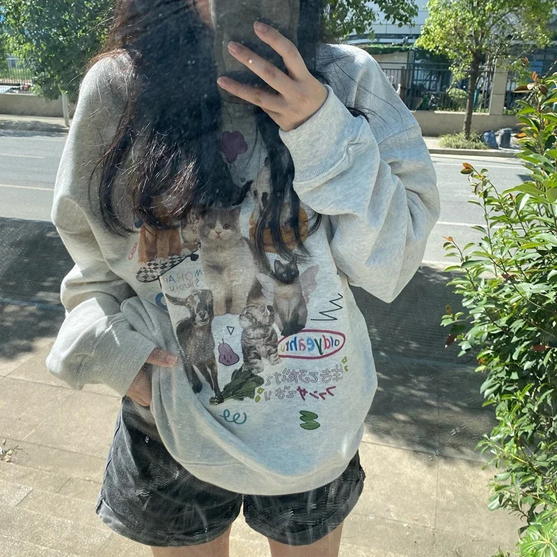 Milk Cat Printed Sweatshirt Autumn Winter Long Sleeve Fashion Streetwear Women Top Harajuku Y2k Aesthetic Graphic Women Clothing 240806
