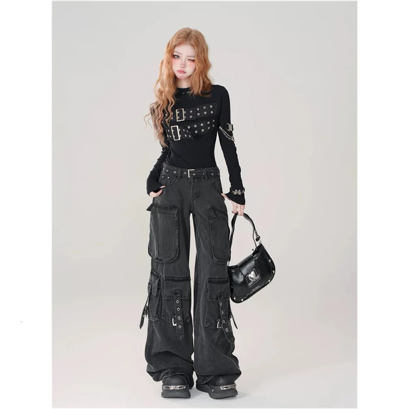American Black Heavy Industry Multi-Pocket Cargo Pants Women Y2K Streetwear Hip Hop Loose Washed High Waist Straight Jeans 240806