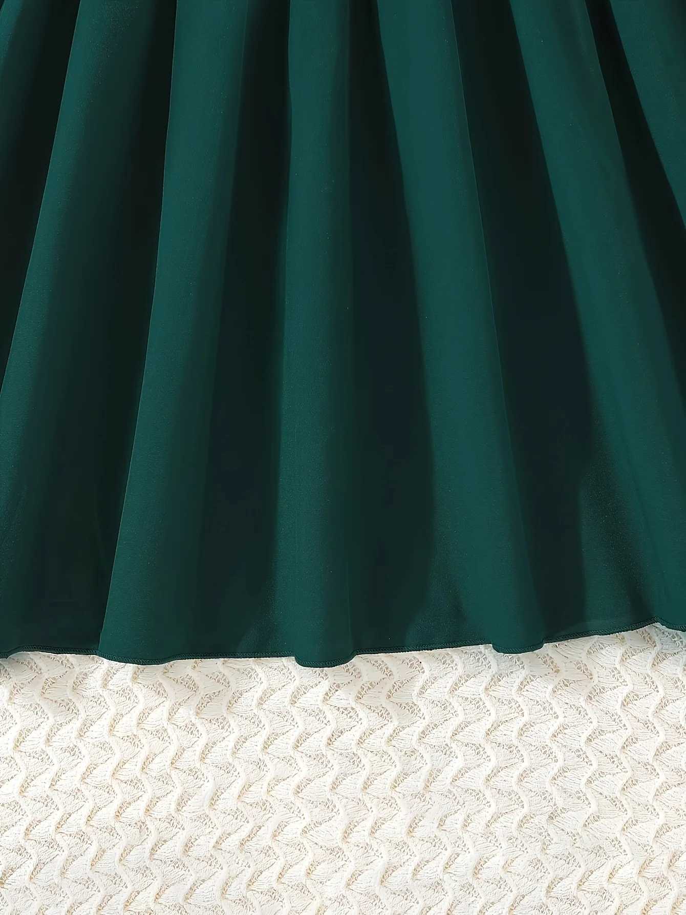 Summer girls high school girls big girls dark green pleated shoulder elegant dressW240720