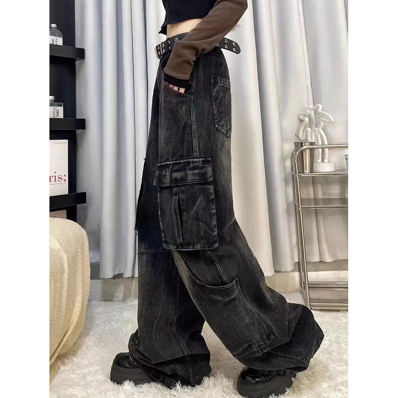 FOTVOTEE Cargo Pants Women Casual Loose Pockets Vintage Streetwear Denim Pants Korean Style Fashion Wide Leg High Waisted Jeans 240806