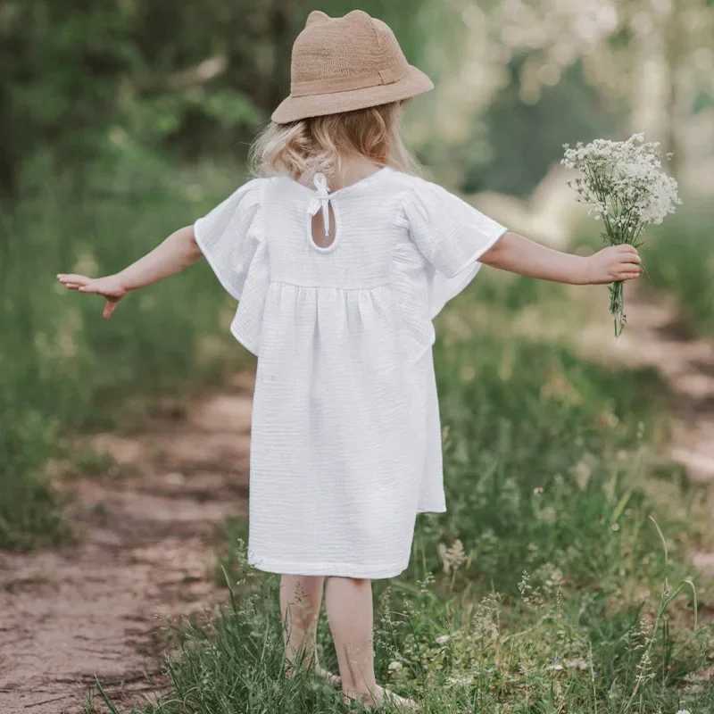 Summer girls dress flying sleeve cotton dress casual pleated dress solid color dress baby dress summer princess cute dressW240720