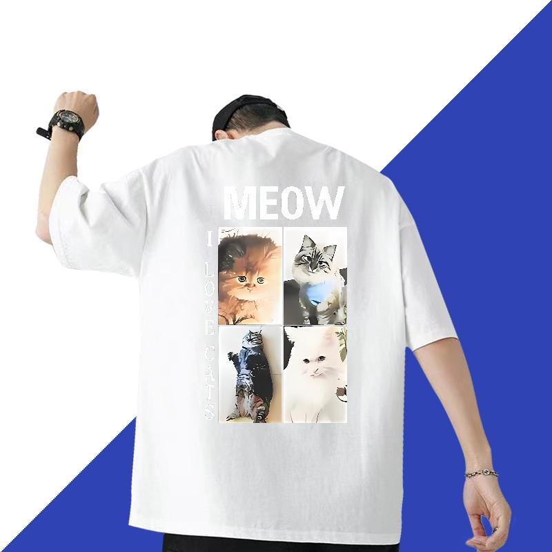 Fashion Casual T Shirt For Man 230g 100% Cotton cat Anime Printing Street Tops O-Neck Short Sleeve Free Shipping Men Tshirts Oversized 3XL 4XL