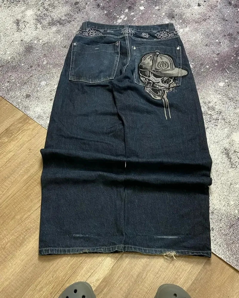 Retro Hip Hop Goth Skull Embroidered Jeans Y2K Streetwear Washed Loose Casual Fashion Trendy High Waist Straight Wide Leg Jeans 240806