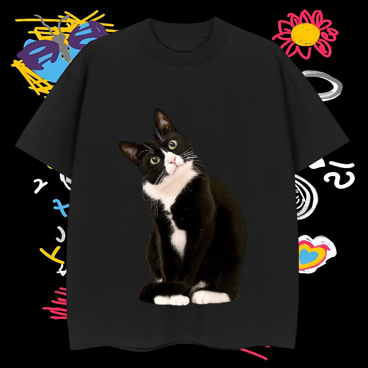 T Shirt For Man 230g 100% Cotton cat High Street Hip Hop Breathable Short Sleeve Customized Print Men Clothes T-Shirt DIY Brand Tops