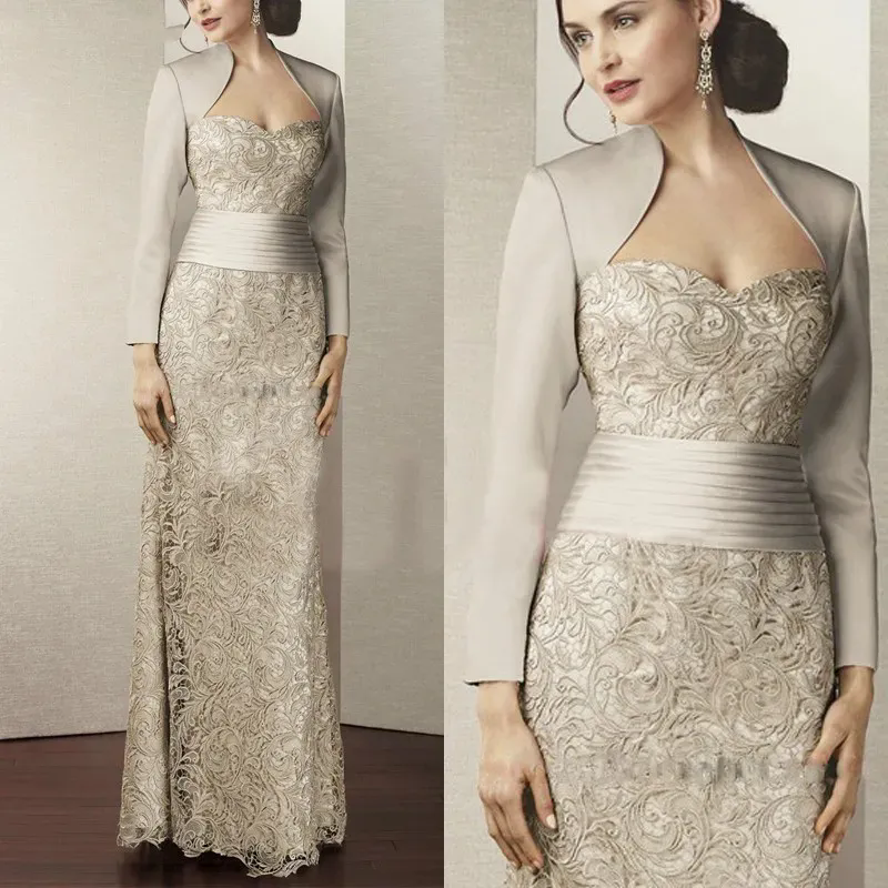 Elegant Champagne Lace Mother of The Bride Dresses Long Sleeves Women Formal Prom Gown Sheath Wedding Party Evening Gowns