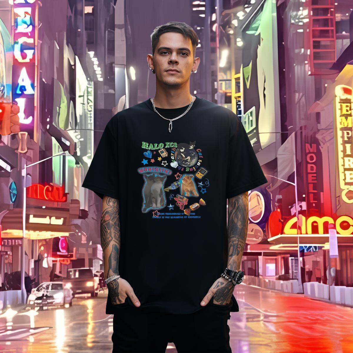 Man T Shirts 230g Pure Cotton cat Street Casual Crew Neck Breathable Plus Size Cartoon Mens Tshirts DIY Customized Cool Design Clothings