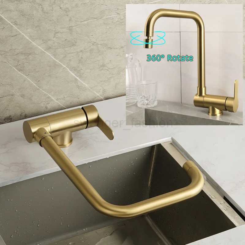 Brushed Gold Inner Window Free Folding Kitchen Faucet 360 Degree Rotate Foldable TapXJ240806