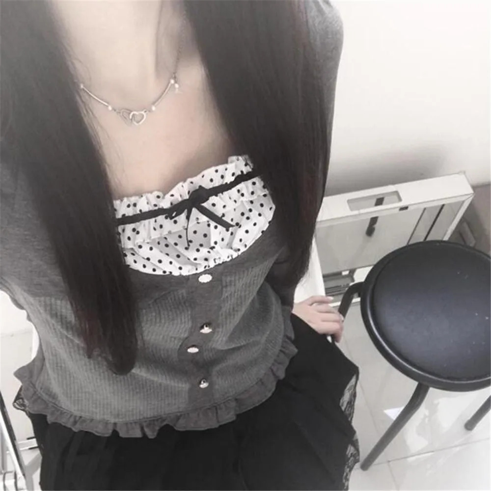 Y2K Polka Dot Print Tops Contrast Patchwork Knitted Grey Autumn Spring Cute Bow T-shirts Street Slim-fit Long Sleeve Knitwear 240806