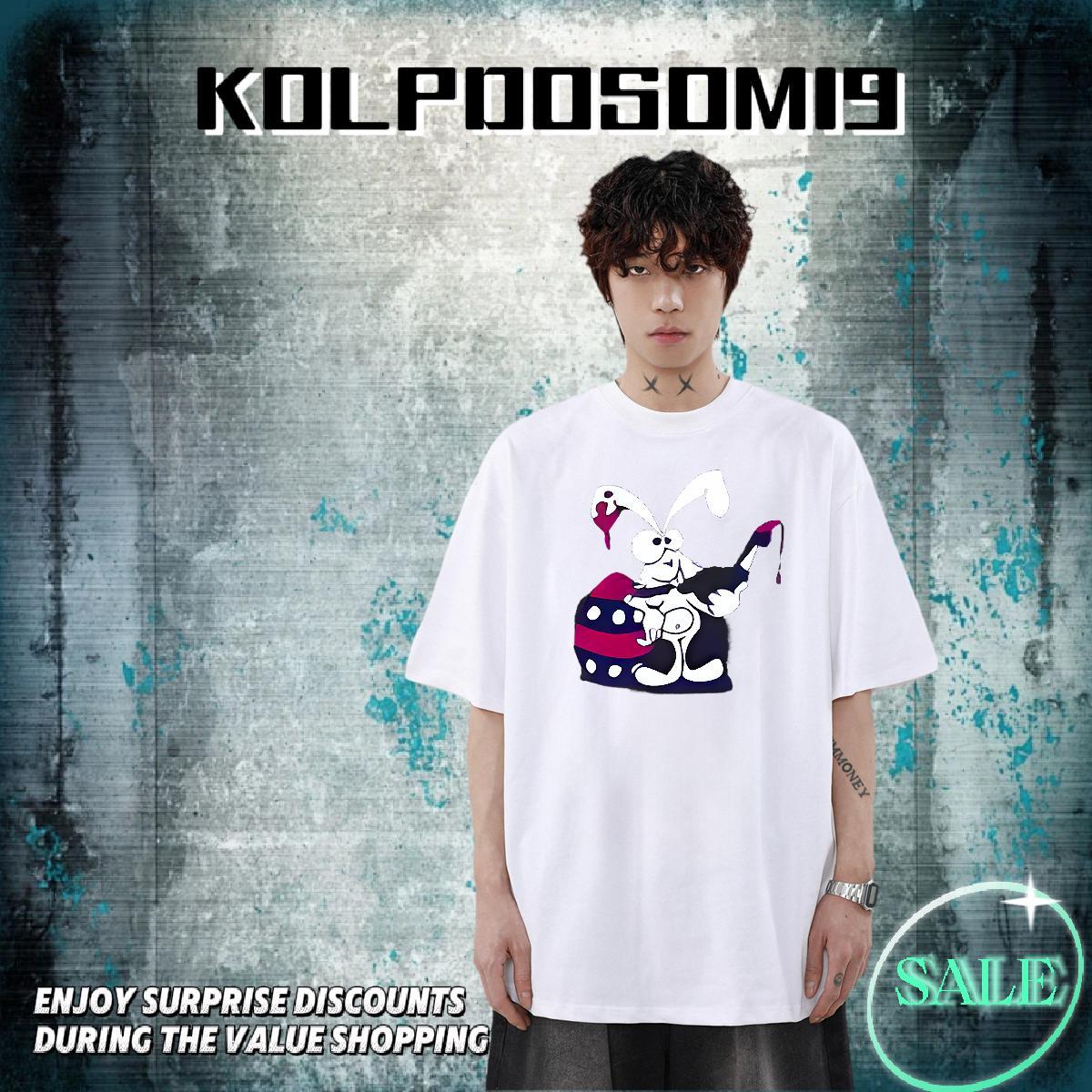 Loose Fit Mens Tshirts 100% Cotton 230g Daily Wear rabbit Cartoon Print Breathable Short Sleeve Casual New Men T Shirts Clothings