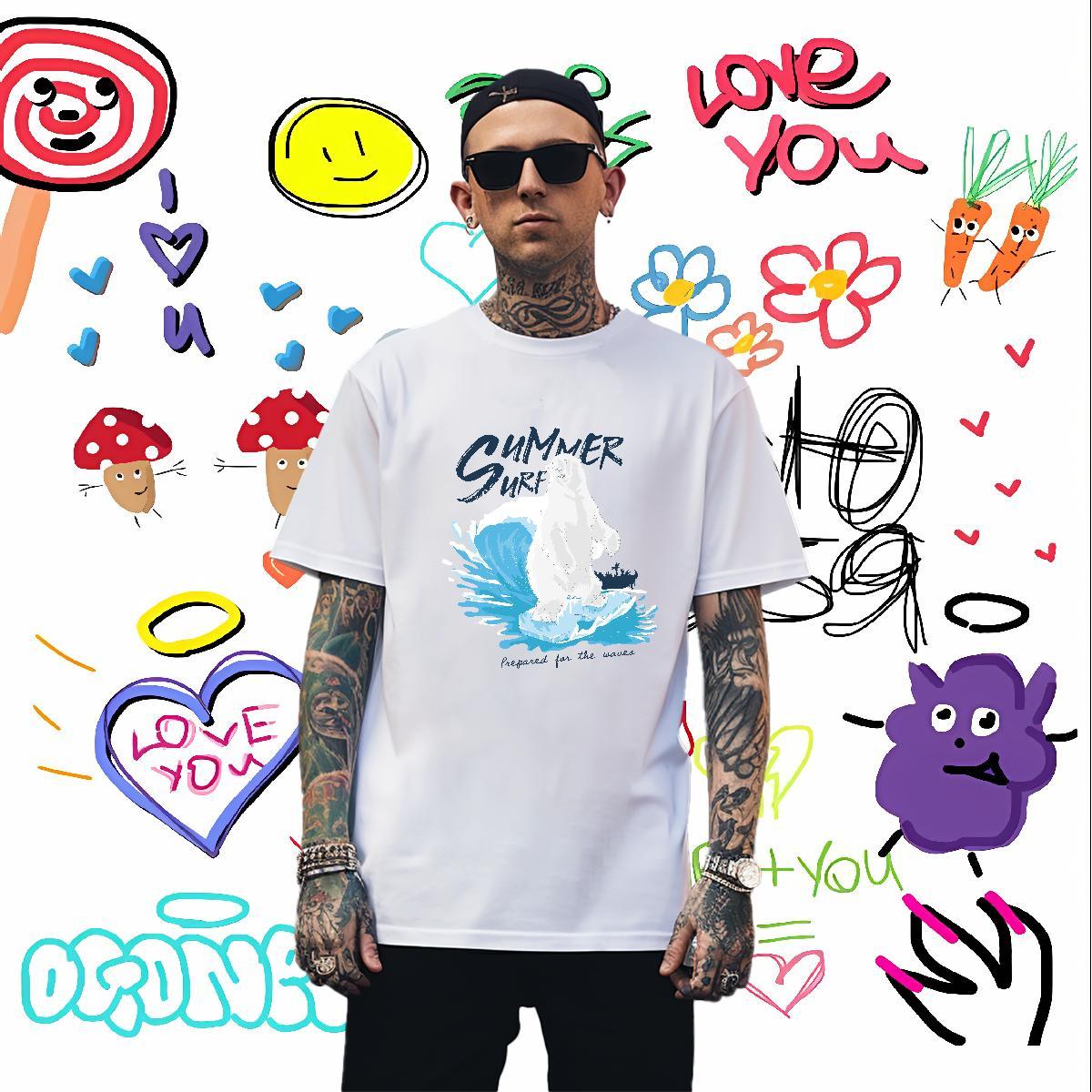 T Shirts Men 230g Cotton bear Anime Printing Street Breathable Crew Neck Custom Printing Men Tops Tees Customized Wholesale Clothings