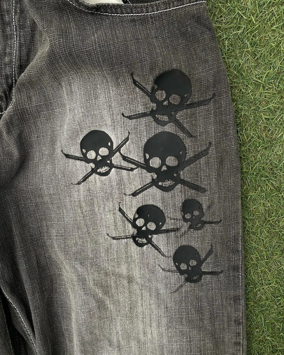 American Fashion Skull Print Washed Jeans Women Y2K Street Hip Hop Retro Loose Mopping Wide Leg Pants Unisex Joker Trousers 240806