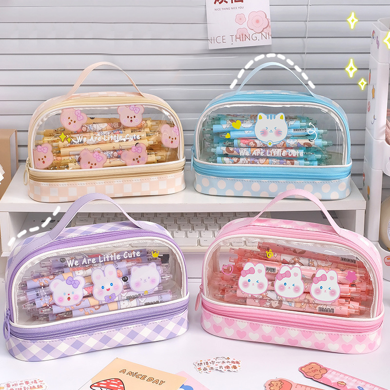 Double layer pencil case, transparent cartoon large capacity pencil case, hand-held student stationery storage bag internet famous cute makeup bag