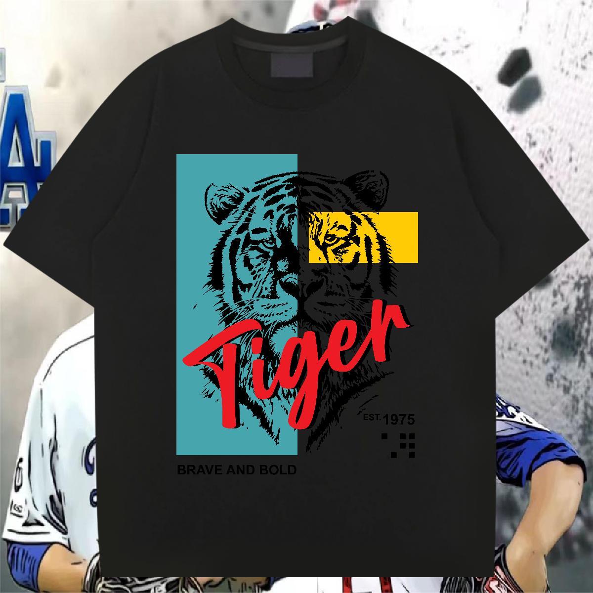 Classic T-Shirts for Men 230g Pure Cotton tiger Street Wear Clothes Crew Neck Cool Mens Tshirts Black White