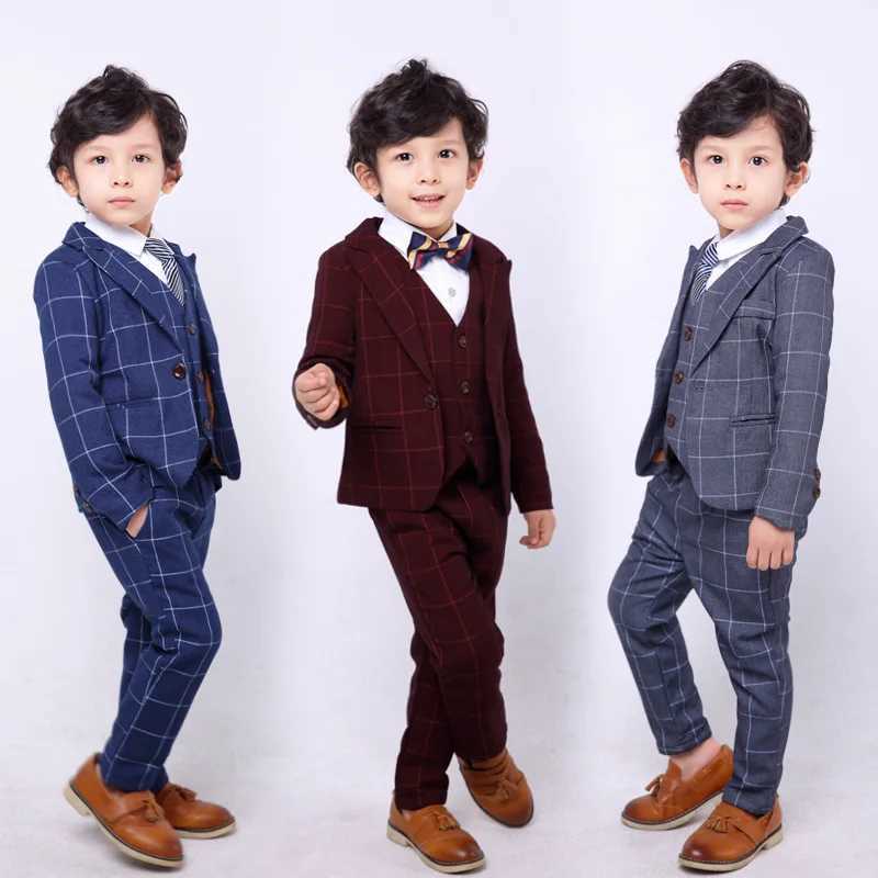 Suits Top Quality Boys Plaid Jacket Vest Pants Bowtie 3Pcs Clothing Set Gentleman Kids Wedding Suit Children Performance Dress