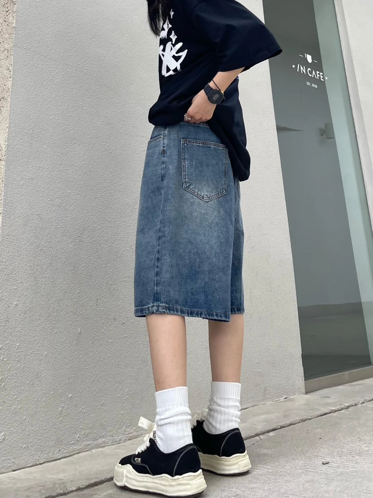 QWEEK Women Y2K Baggy Jorts Vintage Wide Leg Five Points Jeans American Streetwear Casual Washed Oversize Summer Denim Shorts 240806