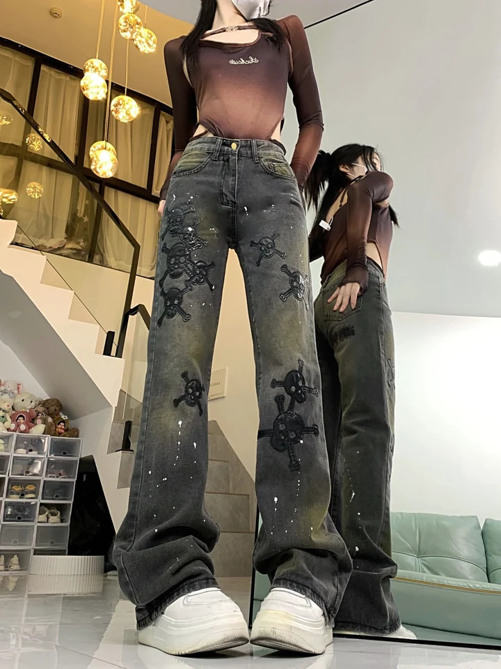 Embroidery Skulls Pants for Women American Y2K Streetwear Jeans Women Fashion Vintage Trendy Jeans 240806