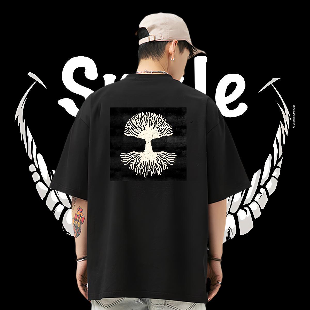 Classic Casual T Shirts Men 230g 100% Cotton tree Anime Printing Street Clothes Breathable Short Sleeve Cool Men Tops Tees White Plus Size