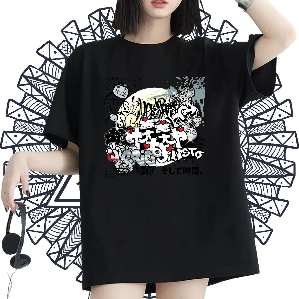 Free Shipping Lady T shirt 230g Pure Cotton painting Street Casual T-Shirts for Women Breathable Crew Neck Skull Tees