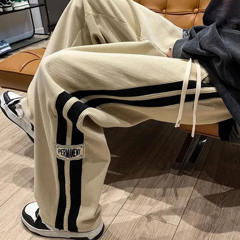 Side Striped Corduroy WideLeg Pant Men Korean Fashion Hip Hop Cargo Loose Casual Straight Sports Outdoor Running 240806