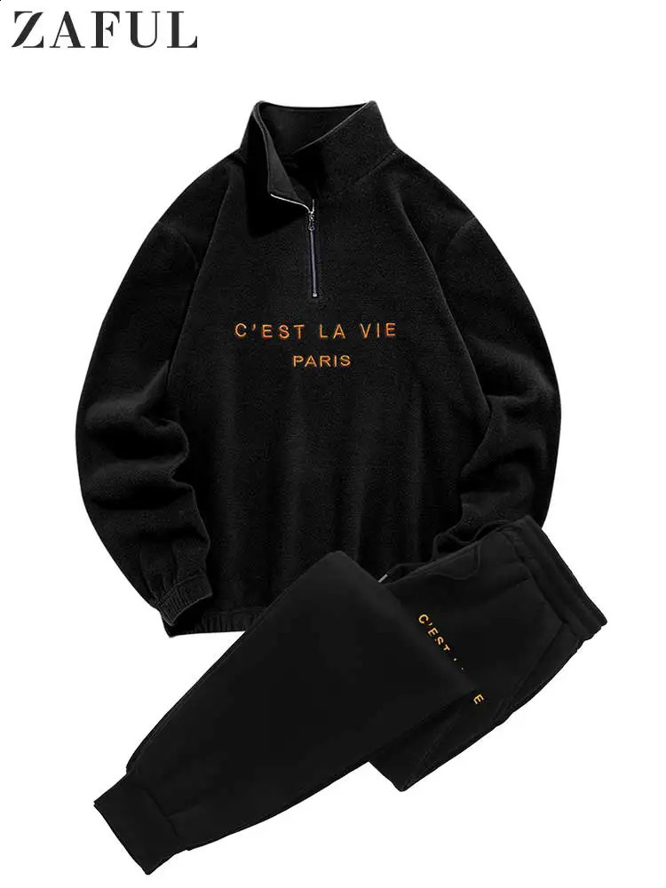 Tracksuit for Men Polar Fleece Hoodie Letter Embroidered Sweatshirt with Trouser Set Sweatpants Turtleneck Pullover Suits 240816