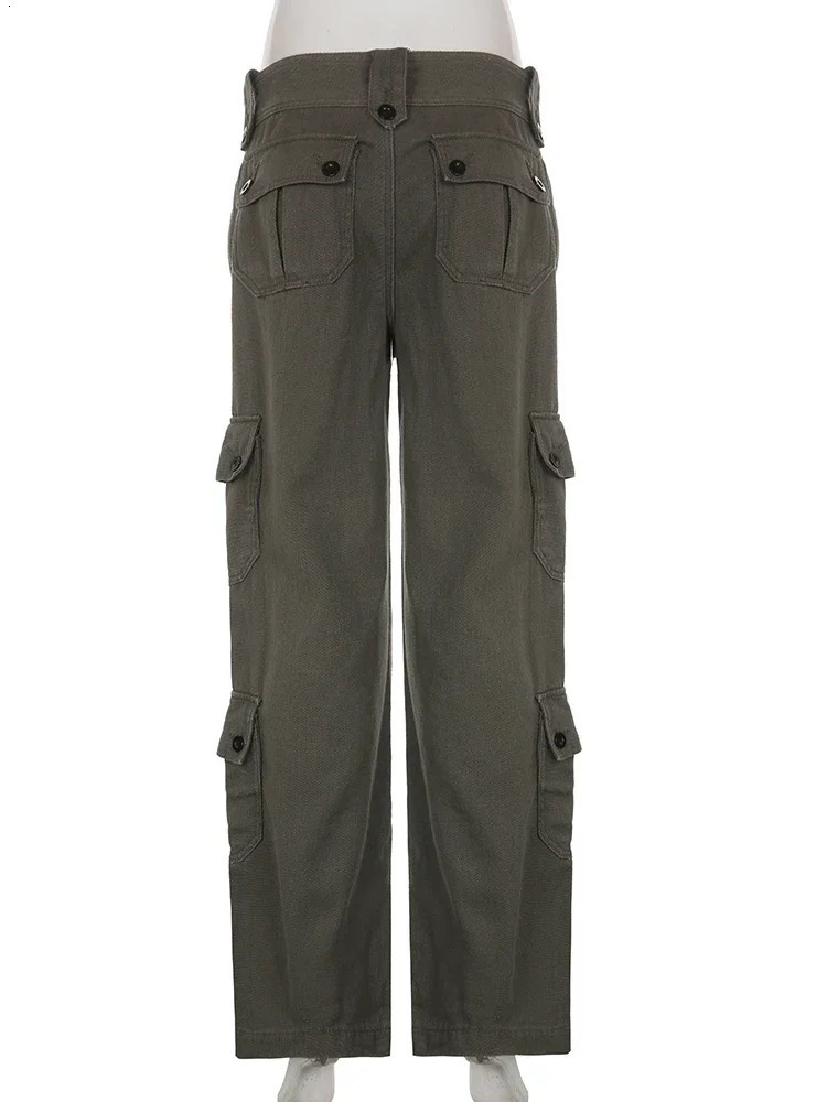 Button Low Waist Y2K Denim Pants Women Pockets Stitching Straight Cargo Pants Vintage Casual Gray Streetwear Jeans 240806