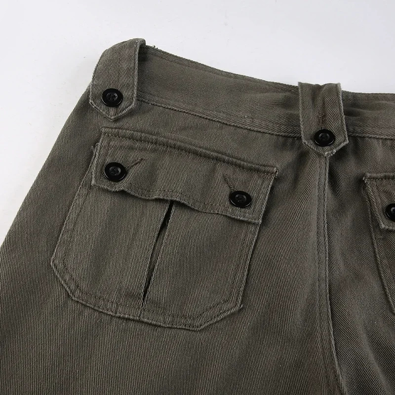 Button Low Waist Y2K Denim Pants Women Pockets Stitching Straight Cargo Pants Vintage Casual Gray Streetwear Jeans 240806