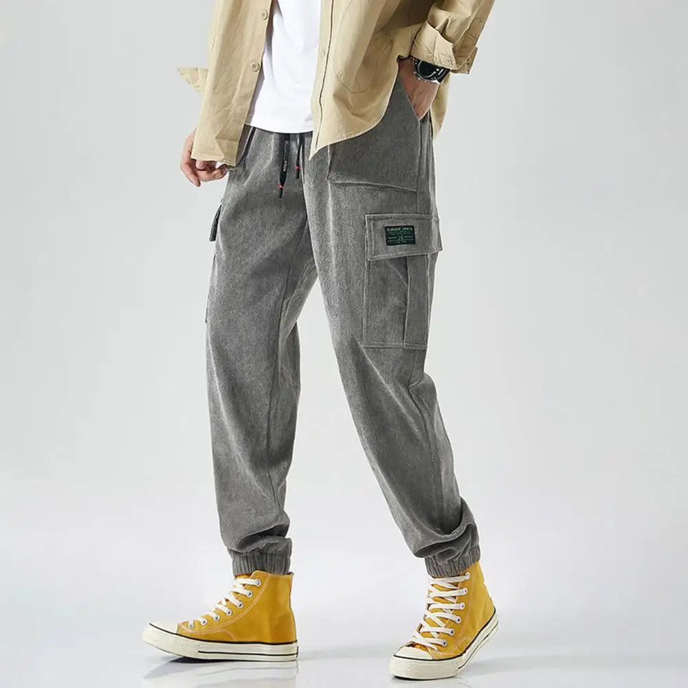 Corduroy Cargo Pants Men Sweatpants Fashion Straight Trousers Multi Pocket Solid Color Warm Casual Male pantalones hombre 240806