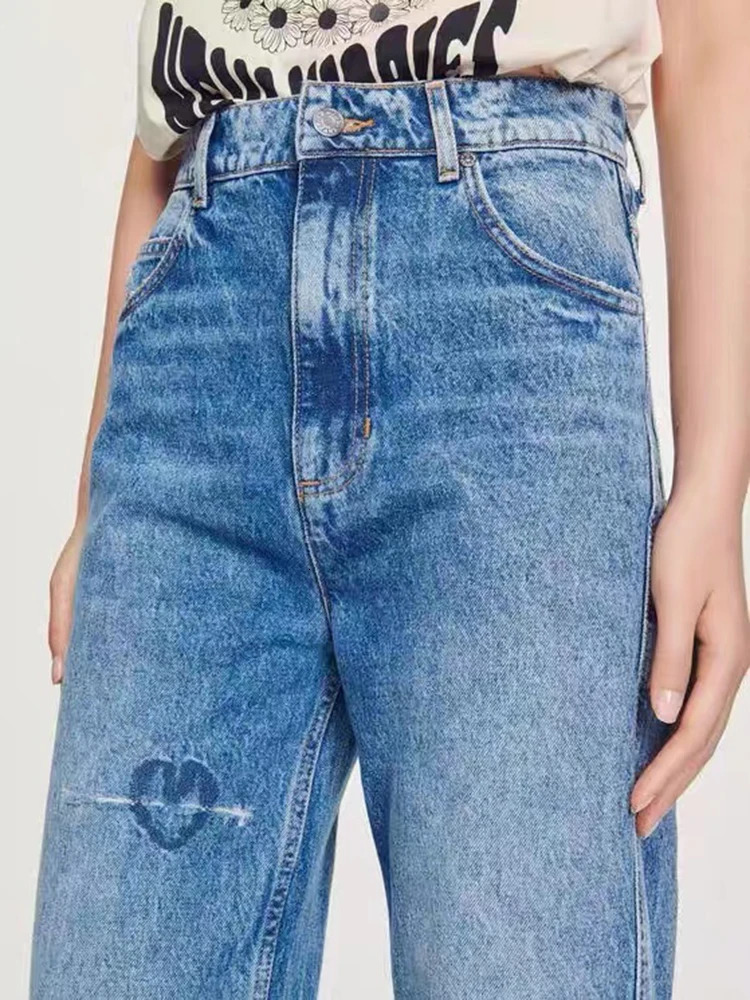 IOO SAND Womens Jeans High Waist Straight Fashion Embroidery Pants Streetwear Vintage Casual Female Wide Leg Denim Trouser 240806