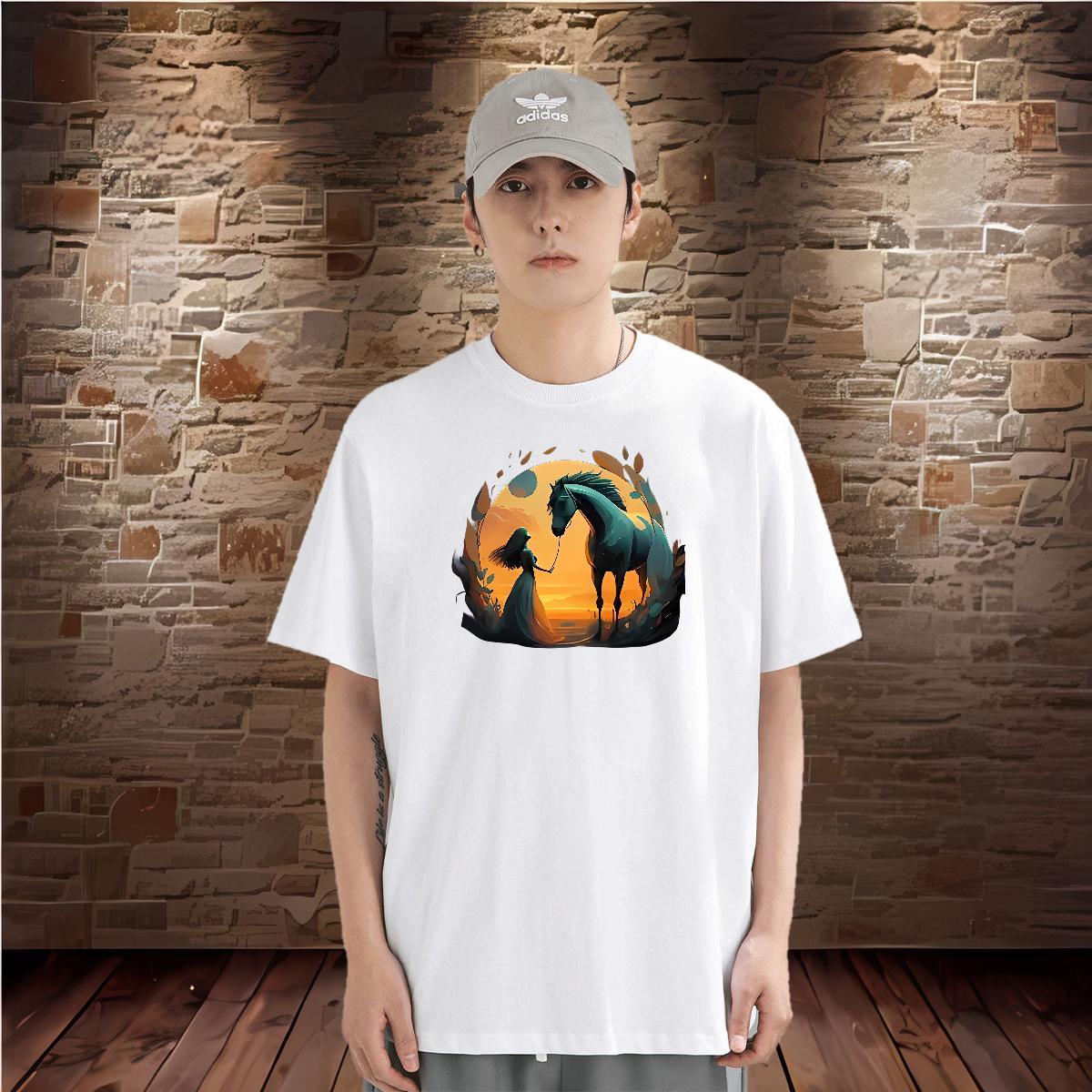 T-Shirts for Men 230g Cotton horse Street wear Hip Hop Round Neck Short Sleeve DIY Printed Men Tops Tees Fashion Cool Design Top Tees