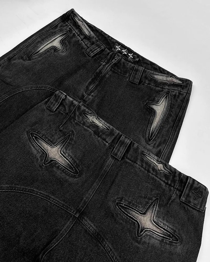 Street retro fashion washed old black pocket jeans for men Y2K Harajuku hiphop pop gothic casual high waist wide leg 240808
