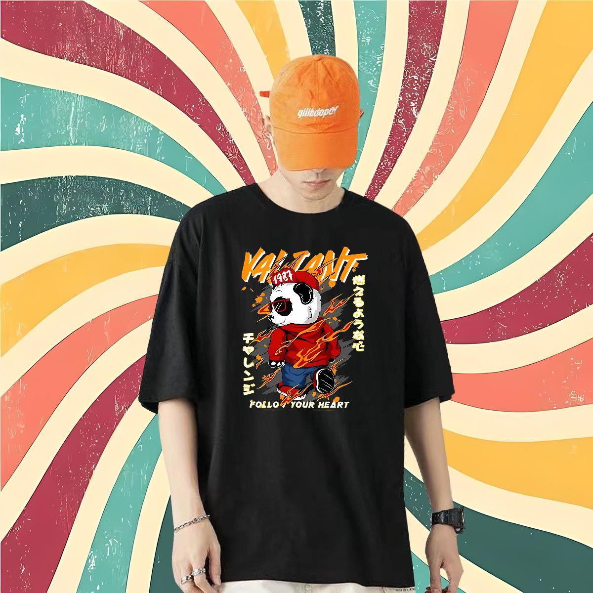 2024 Summer Mens T Shirts 230g Pure Cotton panda Casual Beach Tops Breathable Crew Neck High Quality Men Tees Black White