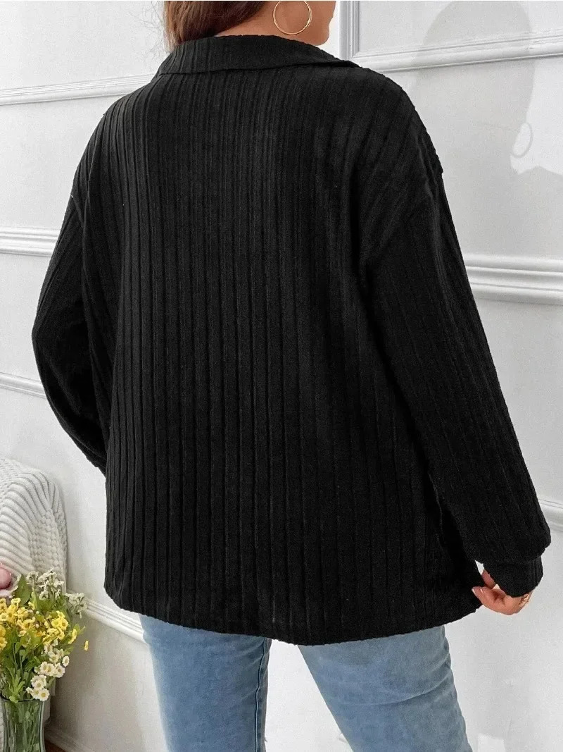 Autumn Womens Plus Size Fashion Solid Color Large Womens Top V-shaped Polo Neck Long Sleeve Pit Striped Matte T-shirt Loose 240806