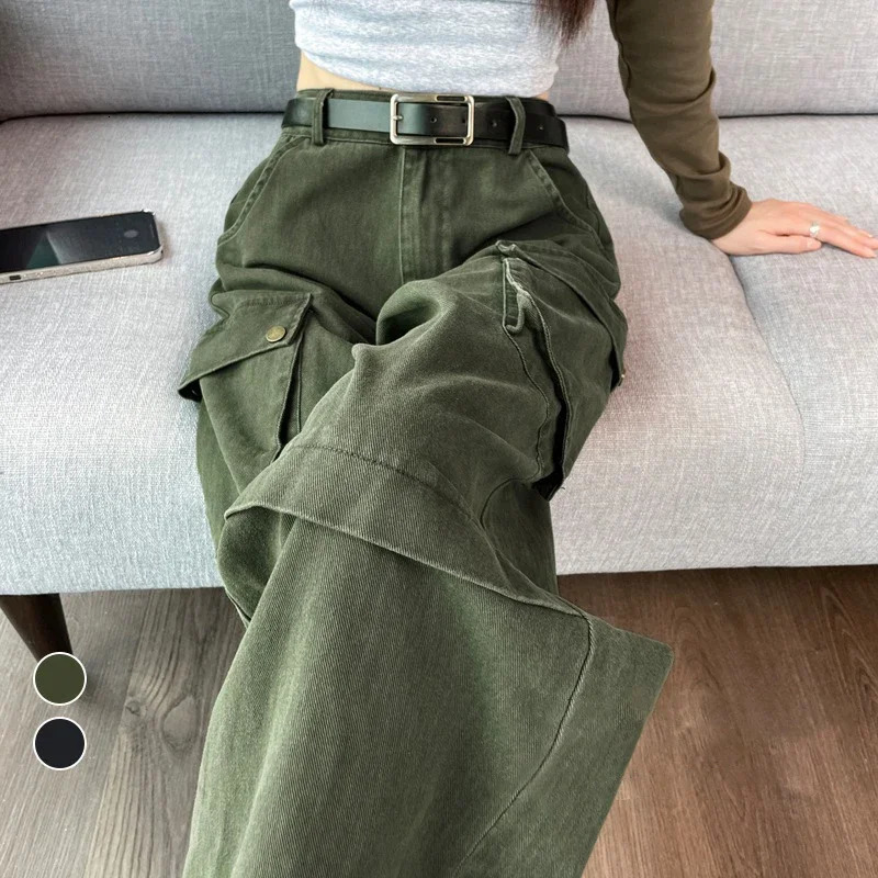 HOUZHOU Y2K Cargo Jeans Denim Pants Women Green Wide Leg Cargo Trousers Female Korean Streerwear Hip Hop Pockets Casual Retro 240806