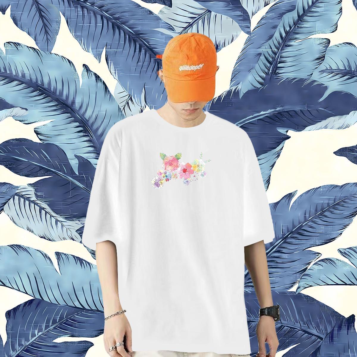 New Designer T Shirts Men 230g Pure Cotton flower Beach Clothings Breathable Short Sleeve Loose Tshirts Plus Size Cartoon