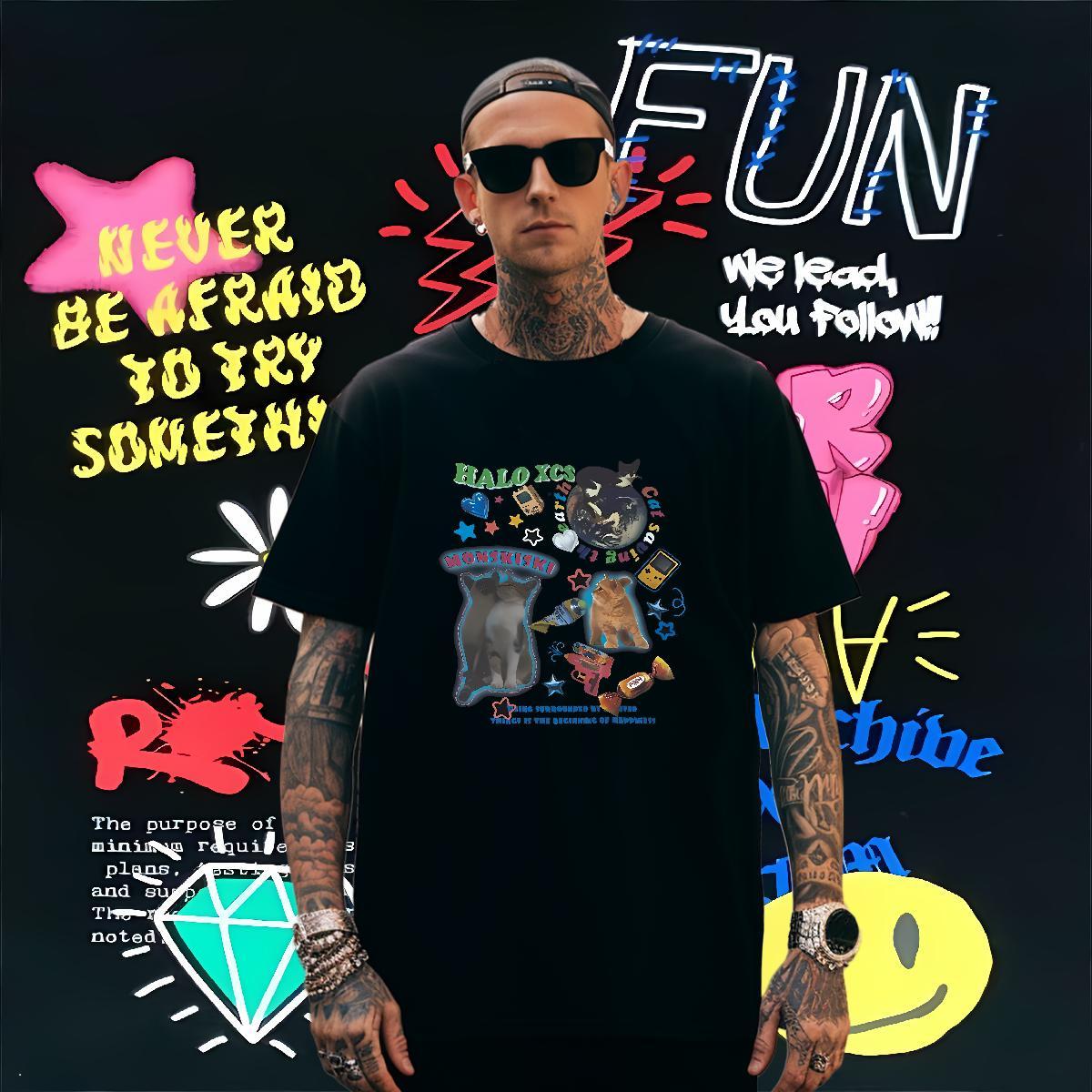 T Shirt For Man 230g 100% Cotton cat Street Breathable Short Sleeve Plus Size Cartoon Men Tops Tees 2024 Designer Cool Design Wear