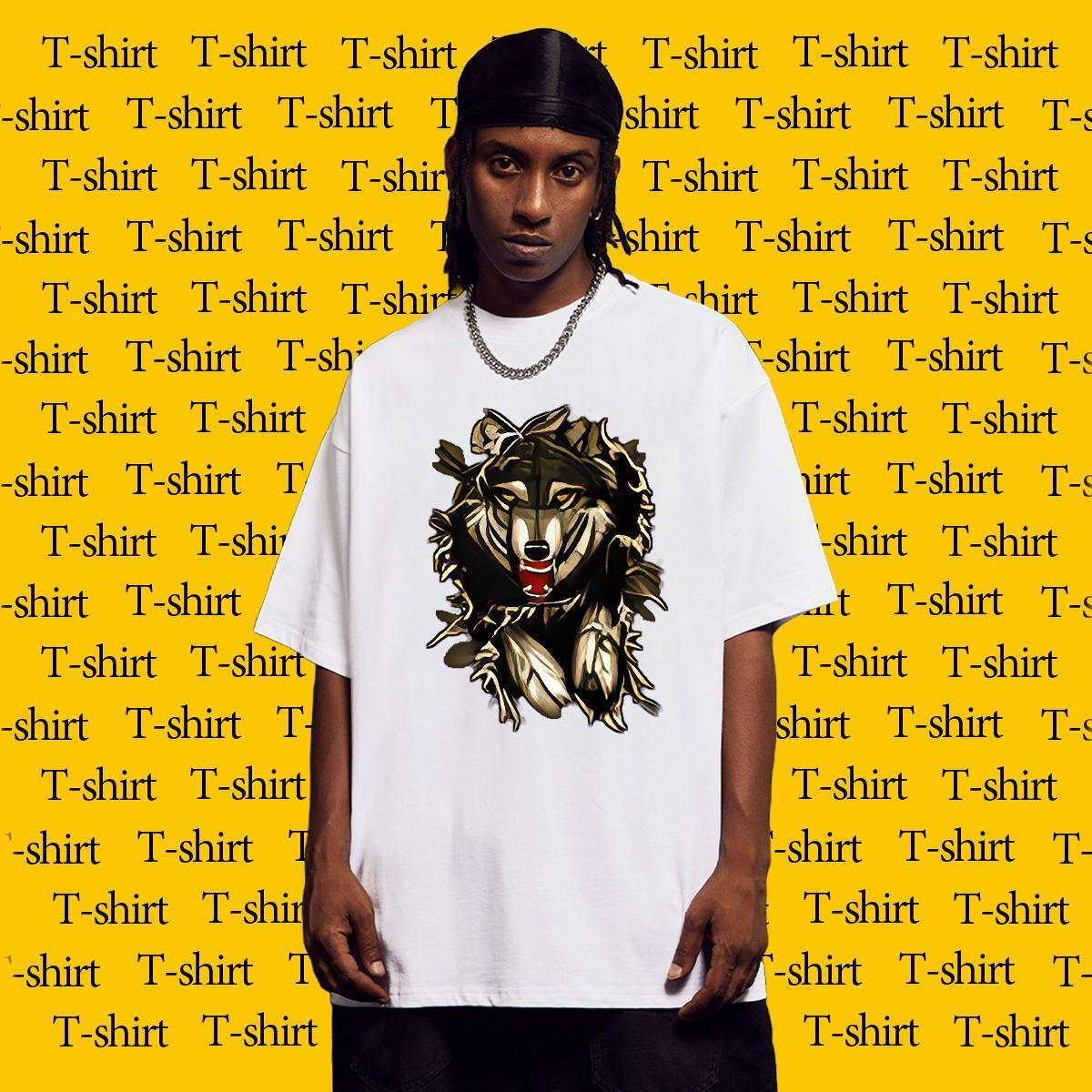 Popular Men Tees 100% Cotton 230g High Street Hip Hop wolf Oversized Short Sleeve O-Neck Classic Casual T shirt Clothes