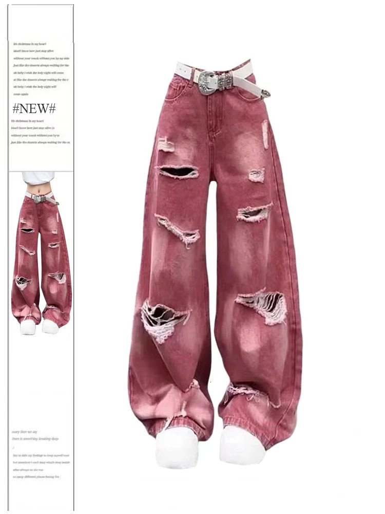 Womens Pink Y2k Ripped Cargo Jeans Harajuku Denim Trousers Aesthetic Y2k Jean Pants Vintage Japanese 2000s Style Trashy Clothes 240806