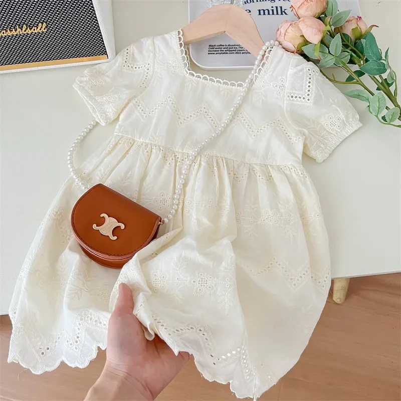 Girls clothing summer girls skiing hollow bubble sleeve dress girls lace short sleeved dress childrens summer skiing dressW240720