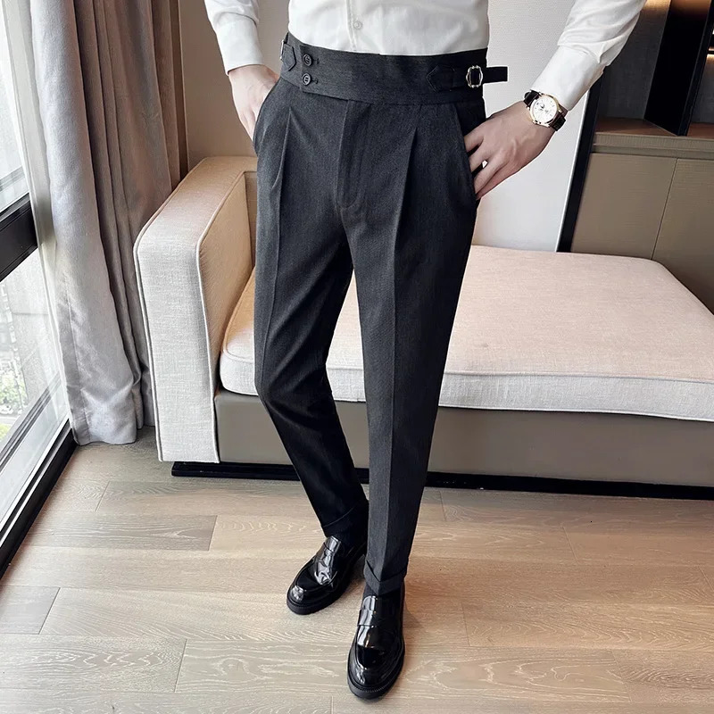 Autumn Winter High Waist Business Dress Pants Men Casual Belt Design Slim Suit Formal Wedding Social Party Male Trousers 240806