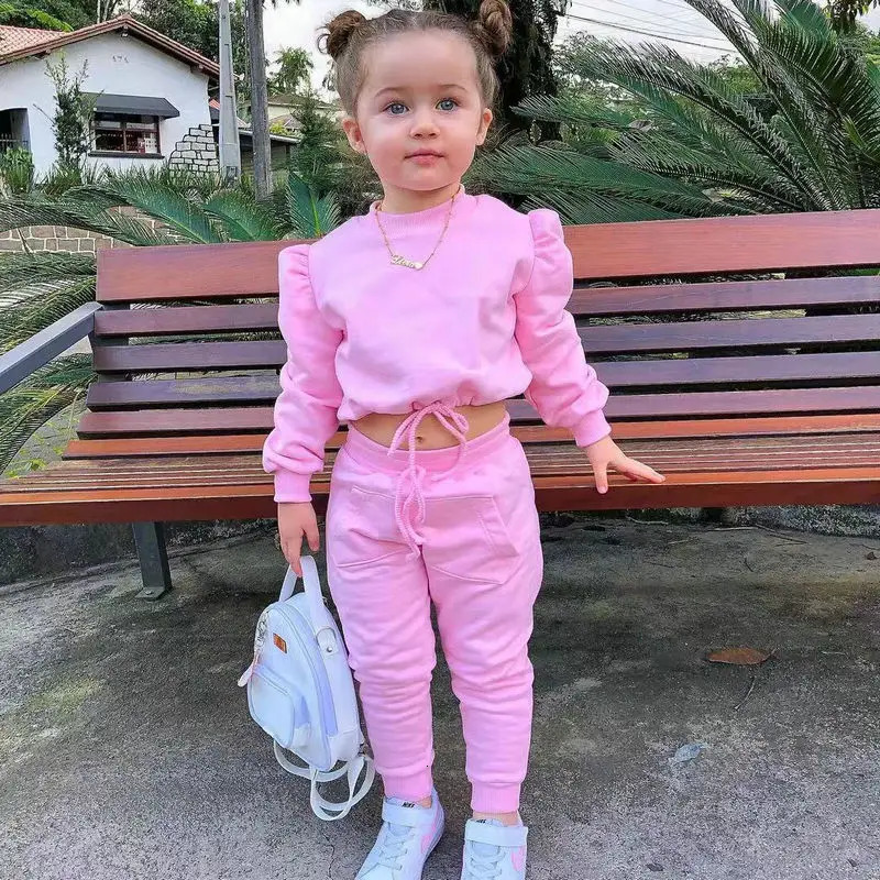 1-8Years Childrens Kids Girls Fall Clothing Outfits Solid Color Long Sleeve Crop TopsSport Pants Trousers Fashion Clothes Sets 240729