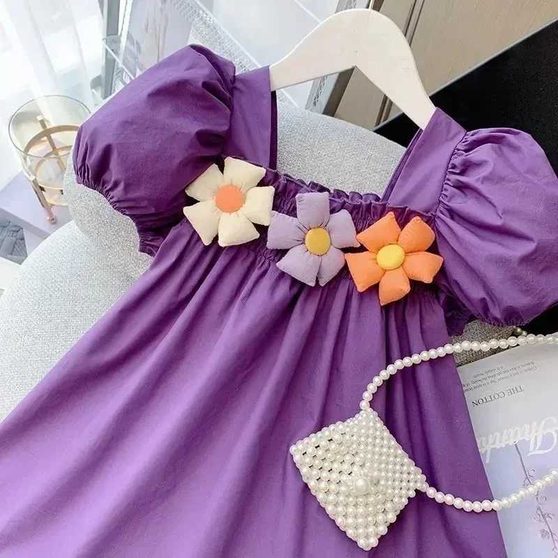 Summer Childrens Clothing Flowers Simple Solid Color Puff Sleeves Baby Girls Dress Thin Preschool Party Princess 0 to 10 Years OldW240720
