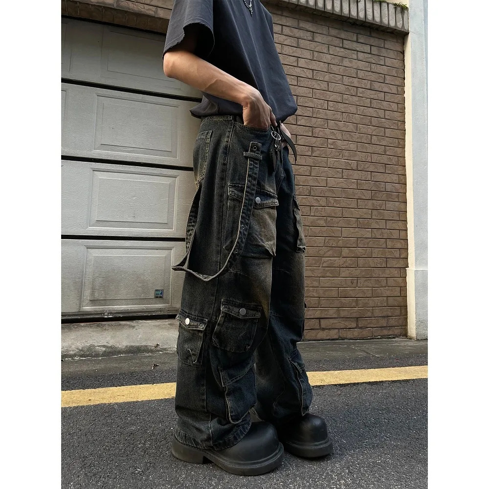 American Retro Yellow Mud Color Multi-pocket Cargo Jeans Mens and Womens Loose Straight Leg Hip Hop Pants Baggy Jeans 240806