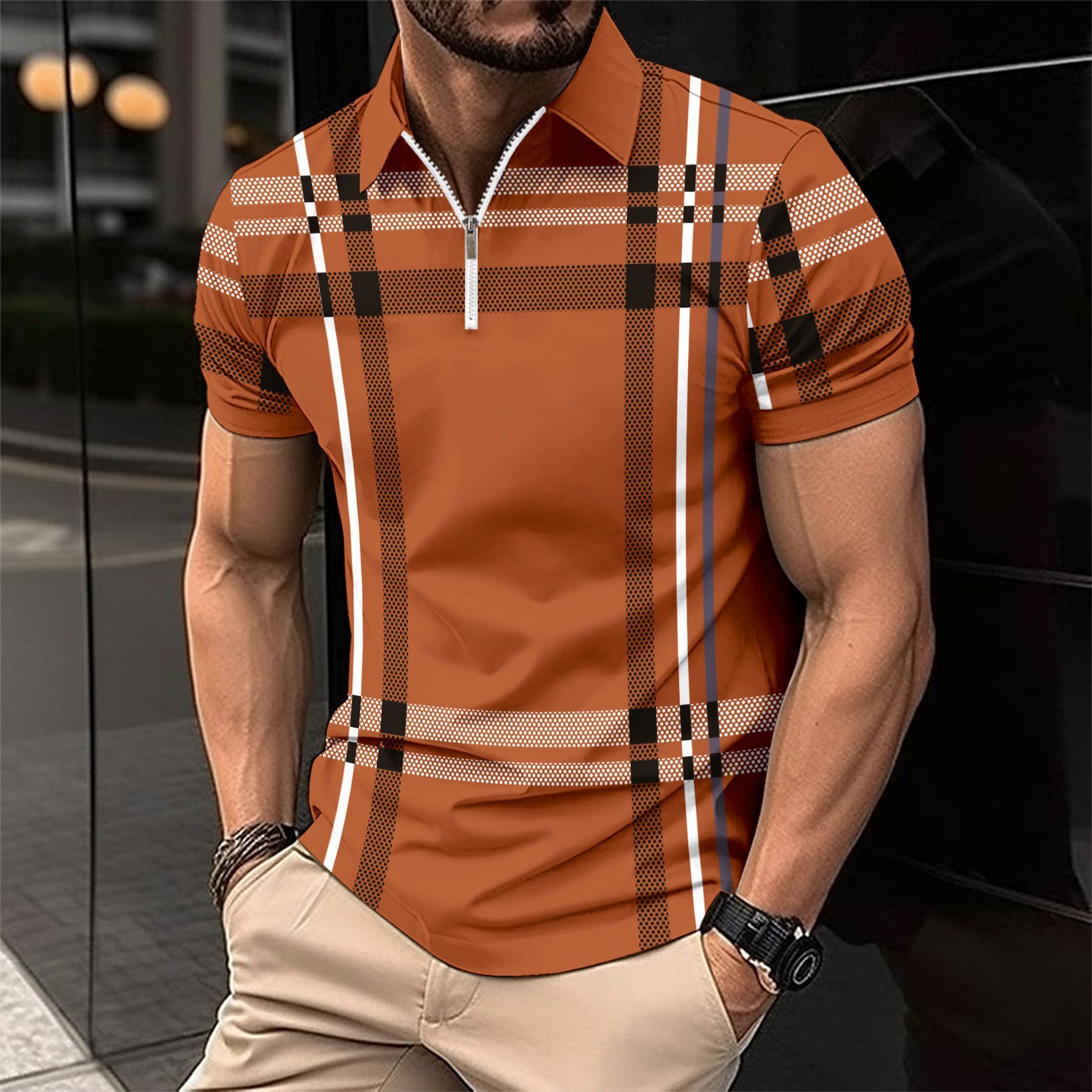Summer Speed Sale Men's Printed Checkered Stripe Zipper Sports Polo Shirt