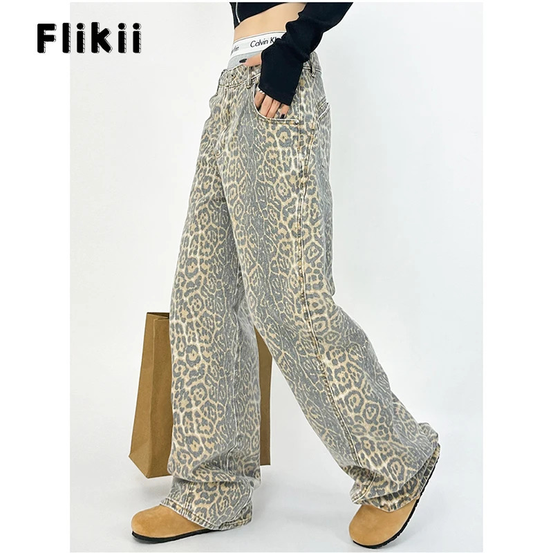 Womens Fashion High Street Vintage Wide Leg Baggy Y2K Denim Trouser Vintage Casual High Waist Pants 2000s Leopard Print Jeans 240806