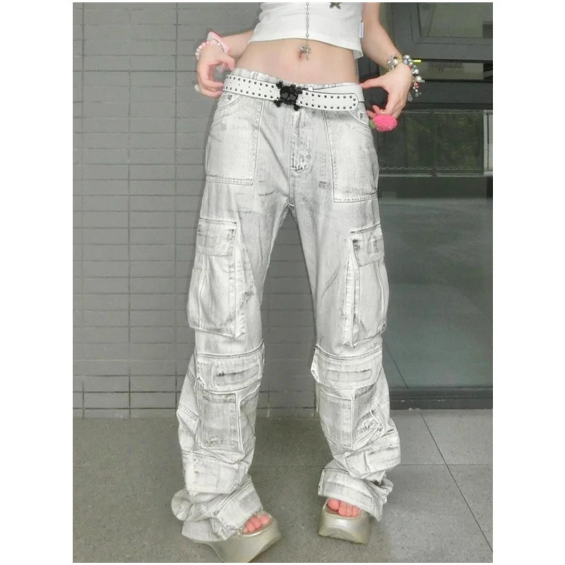 American Vintage Tie Dye Straight Jeans Womens Casual Grunge High Street 2000s Pants Baggy Y2K Wide Leg Washed Denim Trouser 240806